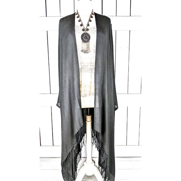 Black solid pashmina kimono cover up fringe jacket - Picture 4 of 4